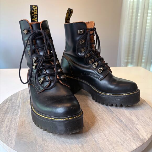 Dr. Martens Shoes - Dr. Martens Women’s Leona Black Leather Lace Up Heels Boots UK Size 4 US Size 6